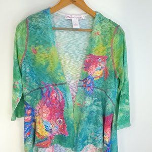Leoma Lovegrove Cover Up Cardigan Women's Med Multicolor Fish Print Open Front